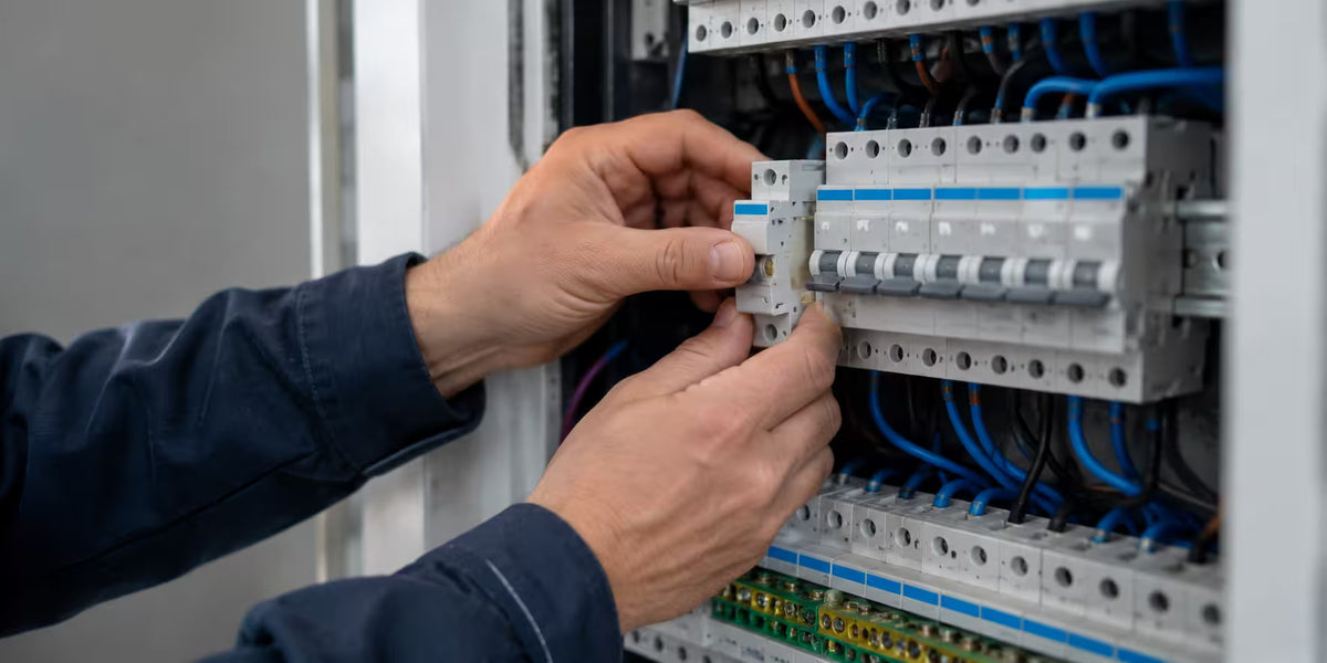 Monteur klikt een installatieautomaat vast op de DIN-rail in een groepenkast