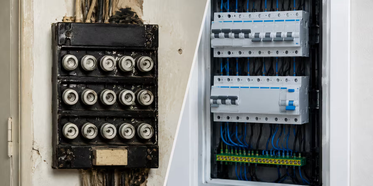 Verschil tussen een oude stoppenkast met keramische zekeringen en een moderne groepenkast met installatieautomaten