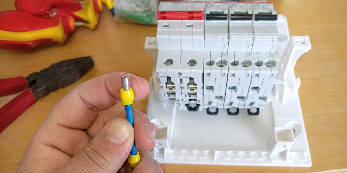 Elektromonteur perst een adereindhuls op een draad bij het monteren van een groepenkast